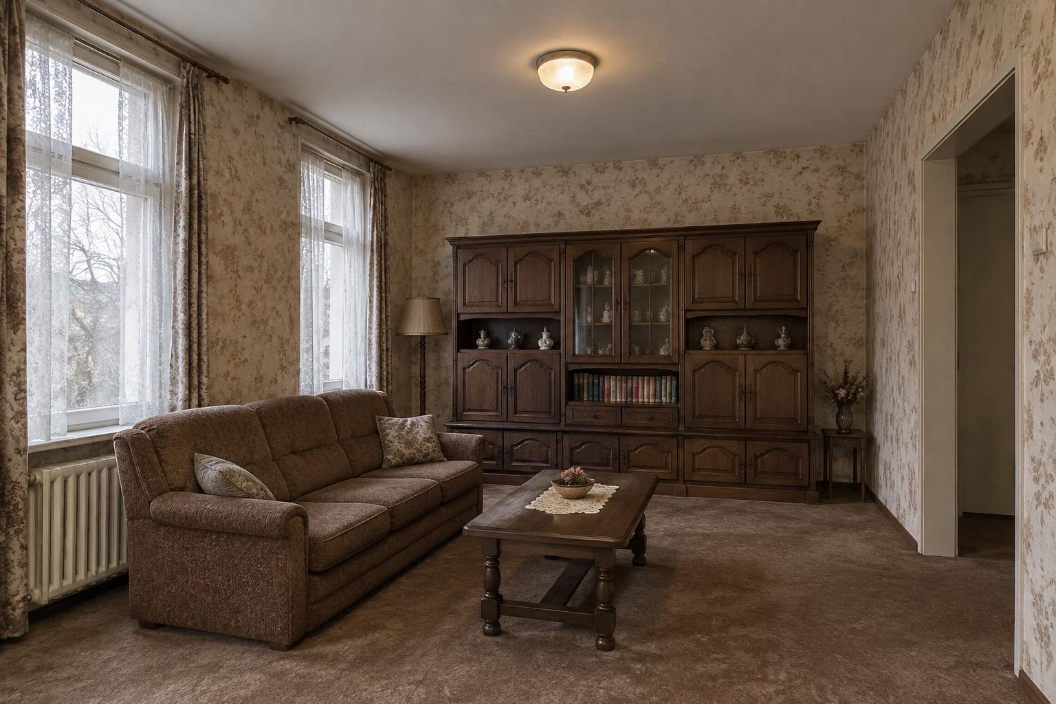 Dezelfde woonkamer in de huidige, gedateerde staat
